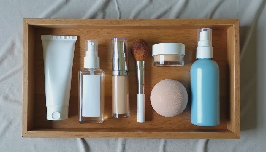 Wren's minimal base products for a 10-minute routine A small selection of base makeup products arranged in a neat row on a light wood tray: moisturizer, primer, foundation, concealer, powder, sponge, and setting spray.