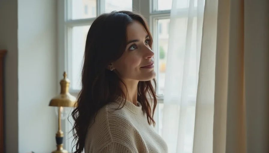 Soft window light: the foundation of a vintage film look A woman stands near a window with a sheer curtain, her face lit by soft overcast light that mimics a vintage film portrait, with warm wooden furniture behind her.