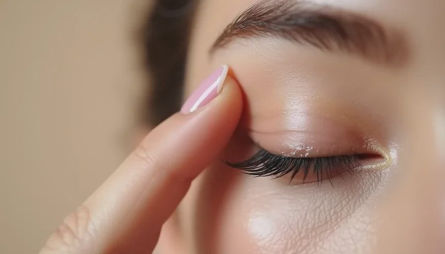 Priming a monolid eyelid before eyeshadow Close-up of a hand pressing a small amount of eye primer onto a smooth monolid eyelid with a fingertip, showing the clean, untouched skin before eyeshadow.
