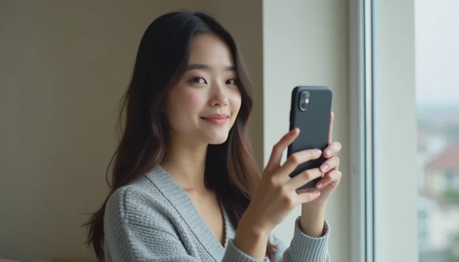 The 60-second selfie setup: eye level, window light, focus locked A woman holds her phone at eye level in front of a window, tapping the screen to lock focus and exposure on her face, with natural light falling evenly across her makeup.