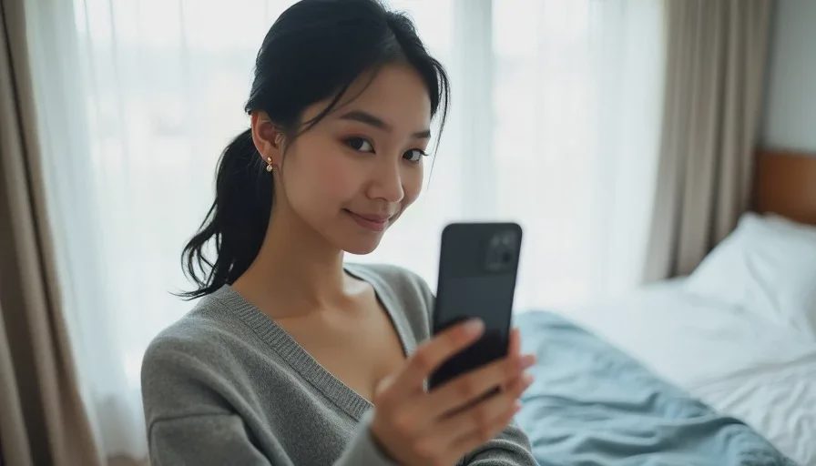 A woman stands in front of a large window holding a phone at face level, natural light falling evenly across her face, with a soft expression and visible dewy makeup texture.