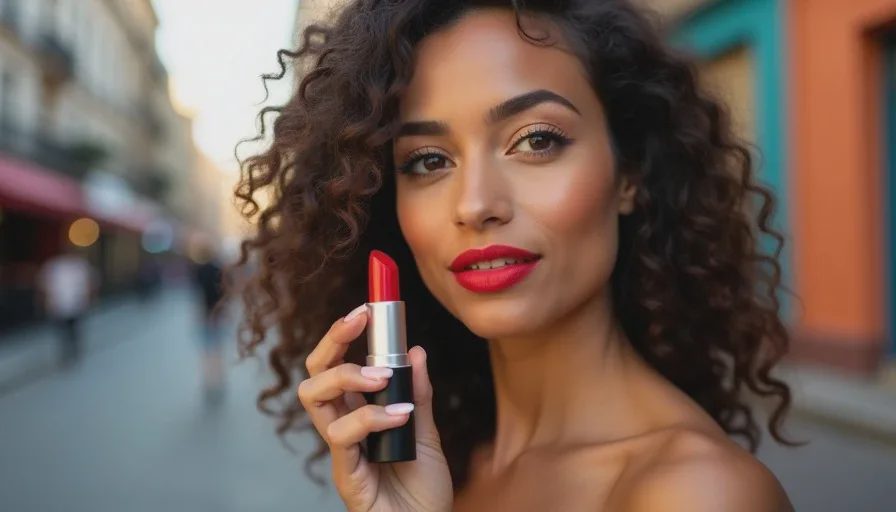Wren Calloway holds an open red lipstick beside her face, with three blurred urban backgrounds representing Paris, Tokyo, and Mexico City visible behind her.