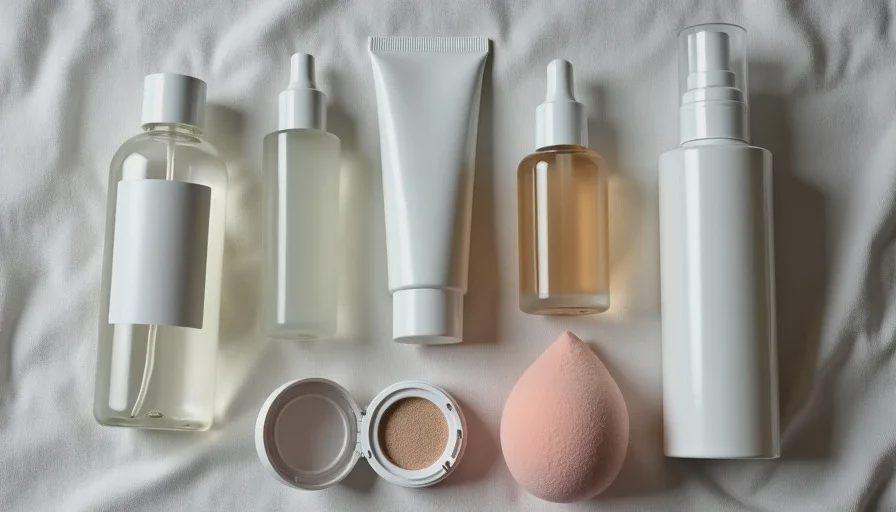 A flat lay of a minimal glass skin base kit: hydrating toner, essence, lightweight sunscreen, cushion foundation, liquid illuminator, damp sponge, and a small spray bottle on a white linen cloth.