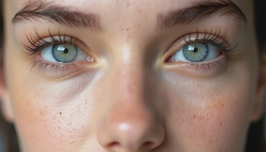 Under-eye concealer comparison: drugstore vs luxury after eight hours Half-and-half under-eye application comparison on a woman's face: the left under-eye uses the drugstore concealer with slightly more texture, the right uses the luxury concealer with a smoother finish.