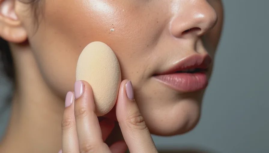 Bouncing a damp sponge to blend foundation seamlessly A hand holds a damp makeup sponge, pressing and bouncing it against a woman's cheek to blend foundation, with visible skin texture and a natural finish.