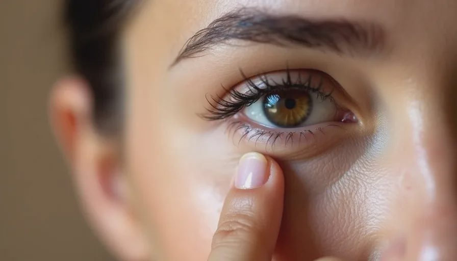 Using a fingertip to tap concealer for a seamless finish Close-up of a finger tapping concealer under a woman's eye, showing the precise, gentle application and the seamless blend into the skin.