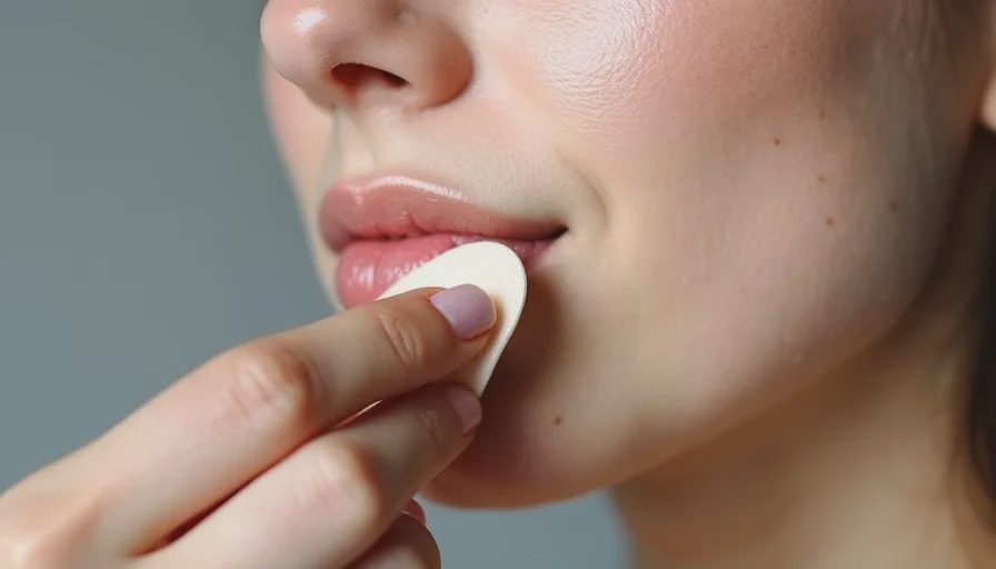 Blending a thin foundation layer with a damp sponge Close-up of a hand pressing a damp makeup sponge into the cheek to blend foundation, showing a thin layer and real skin texture.