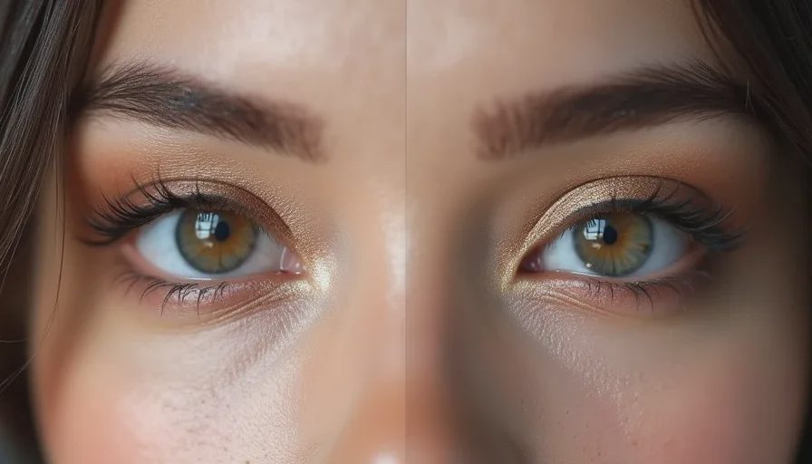 Split screen close-up of two eyes: a hooded eye with crease color placed above the fold, and a deep-set eye with a brightened lid and soft outer corner definition.
