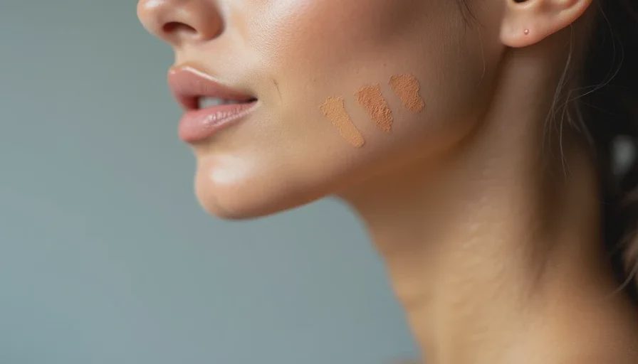 The jawline swatch test for undertone matching Close-up of three foundation swatches on a woman's jawline, shown under natural window light, with one shade blending into the neck while the other two look too pink and too orange.