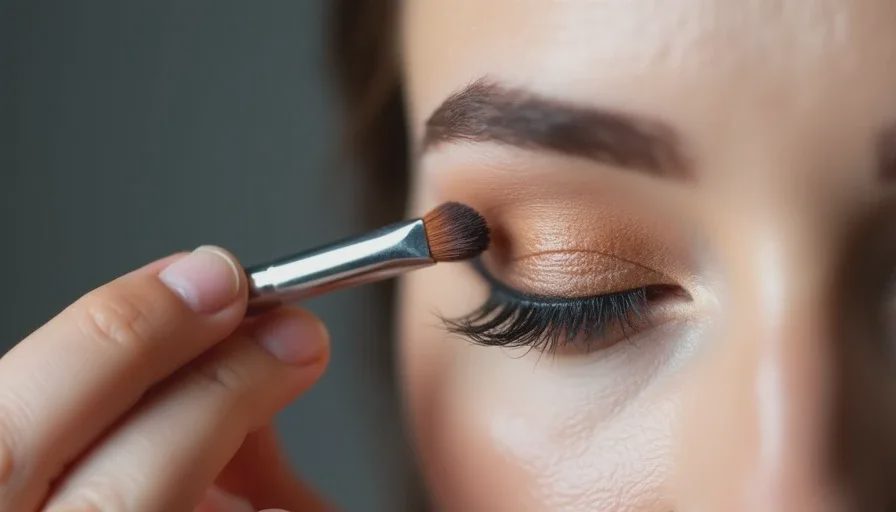 A makeup artist's hand holds a small brush above a client's hooded eye, demonstrating the placement of the crease color above the natural fold.