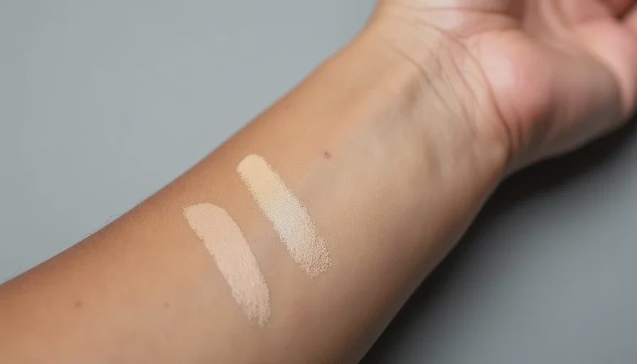 Concealer swatch comparison on bare skin Close-up of two swatches of concealer on a wrist, one thicker and more matte from a drugstore tube, one thinner and more luminous from a luxury tube, with labels blurred and no visible brand names.