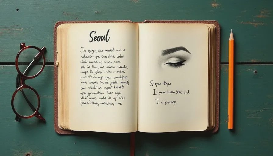 Wren's world faces notebook — glass skin base notes from Seoul Open travel notebook with handwritten notes and a pencil sketch of a glass skin makeup technique learned in Seoul, resting on a dark green wooden desk.