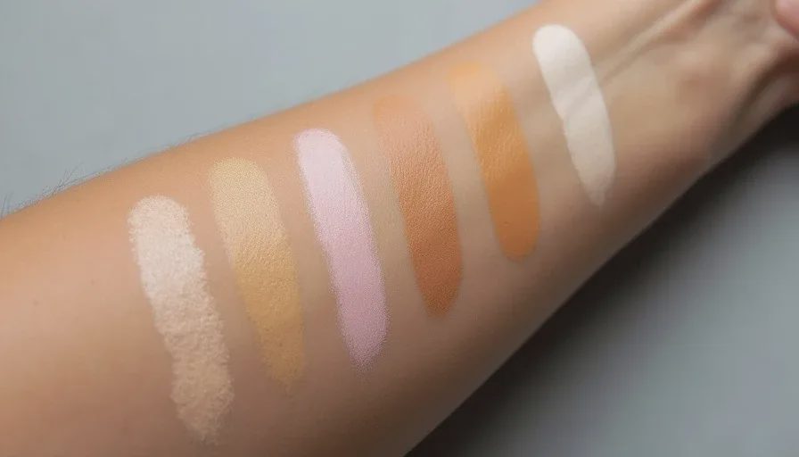 Close-up of five foundation swatches on a woman's inner arm, taken in natural daylight after ten minutes of oxidation, showing one shade turning visibly orange while the others stay true.