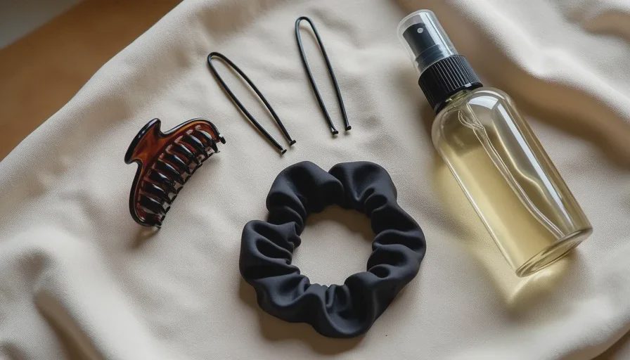 The minimal tools for slip dress hair A flat lay of the hair tools Wren uses for slip dress styling: a small claw clip, two bobby pins, a silk scrunchie, and a bottle of texture spray on a light linen cloth.