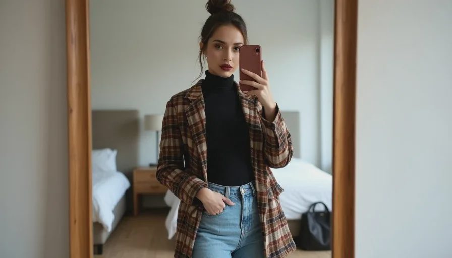 A woman wearing an oversized plaid blazer over a black turtleneck stands in front of a mirror, showing the full look with a low bun and berry lip visible in the reflection.