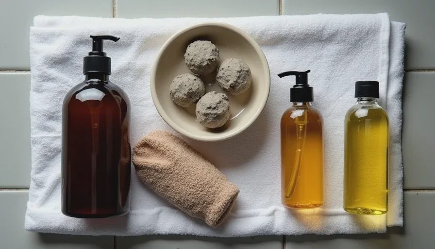 The minimal products for a Moroccan-inspired Sunday reset A flat lay of the Sunday reset products: a bottle of black soap, a kessa glove, a small bowl of rhassoul clay, a bottle of argan oil, and a clean towel on a white surface.
