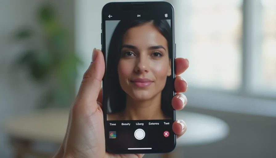 Camera settings for a natural selfie: focus locked, beauty mode off, timer on A close-up of a phone screen showing the camera app with focus locked on a face, beauty mode off, and a timer icon visible, with a blurred window in the background.