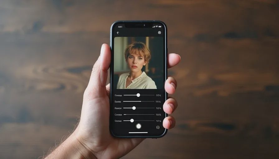 Phone editing sliders for a vintage film look A close-up of a phone screen showing the built-in editing sliders for contrast, saturation, warmth, and fade, with a vintage-style makeup photo visible behind the settings.