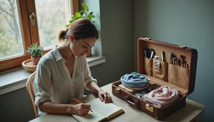 Wren documenting beauty notes with her travel suitcase nearby Wren Calloway writes in her world faces notebook at a vanity, with an open vintage suitcase of makeup brushes and scarves on the floor behind her.