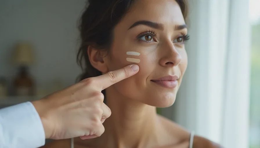 Checking undertone in daylight after oxidation A makeup artist's hand points to three foundation stripes on a client's lower cheek and neck, with a small window visible in the background providing daylight for undertone evaluation.