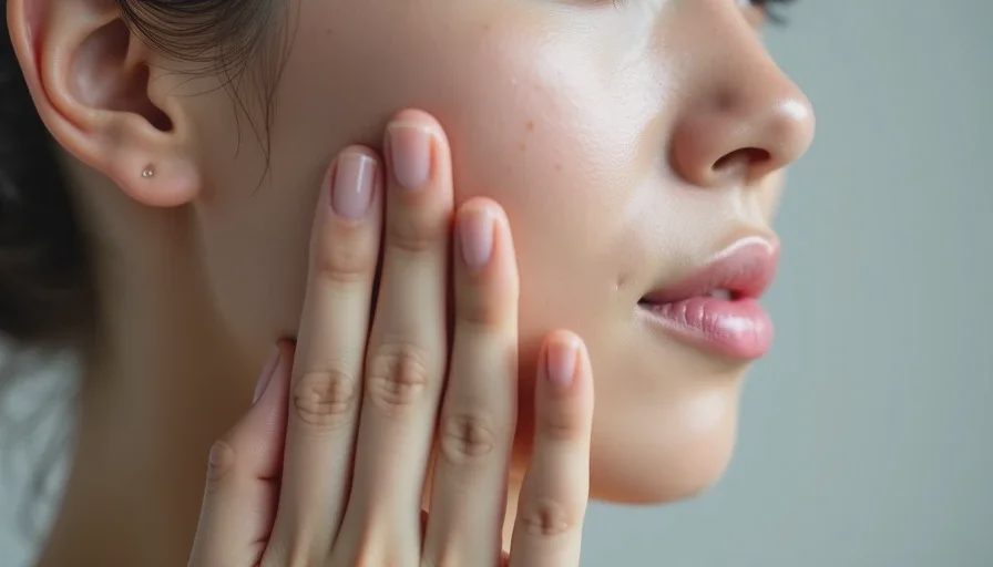 Close-up of a hand pressing a hydrating toner into a woman's cheek, with visible dewy skin texture and no makeup yet applied.