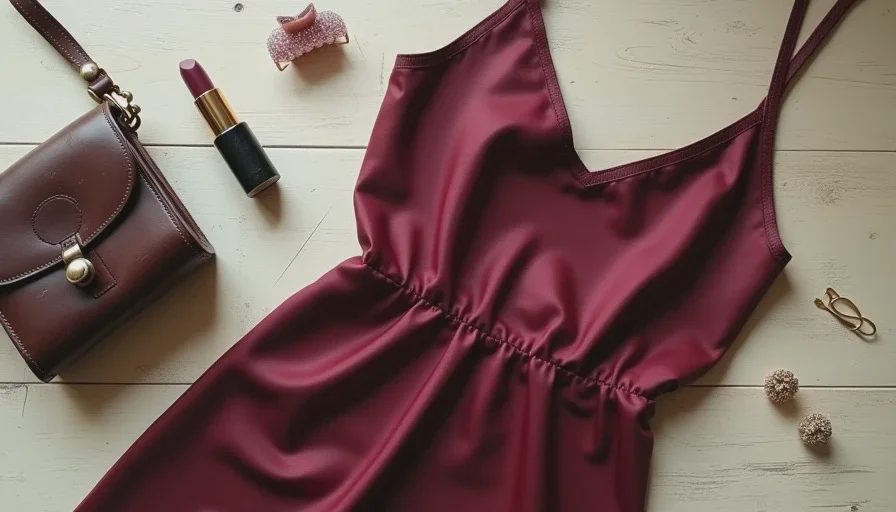 Starting with one piece: the flat lay that becomes a full look A flat lay on a wooden table: a thrifted burgundy slip dress, a small vintage handbag, a tube of berry lipstick, a worn-in hair clip, and a pair of simple gold earrings, showing the starting point for a full look.