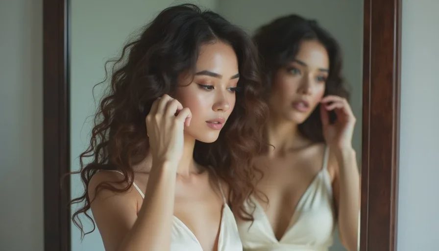The triangle in action: dress, makeup, and hair in one conversation A woman wearing a thrifted '90s slip dress stands in front of a mirror, with soft natural makeup and loose air-dried hair, showing how the outfit, makeup, and hair work as one look.