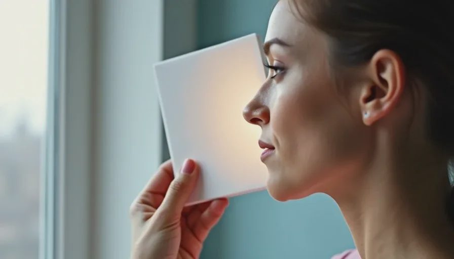 Close-up of a hand holding a small white foam board angled toward a woman's face to bounce window light onto the shadow side of her cheek, with a blurred window in the background.