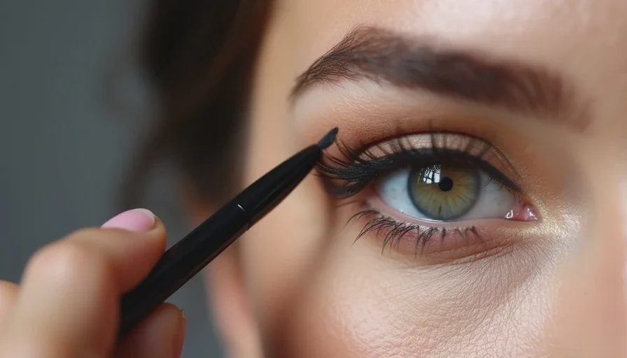 Applying eyeliner to a monolid eye with the half-and-half method Close-up of a makeup artist applying eyeliner to the outer third of a monolid eye, using a fine brush and gel liner, with the eye partially open to check visibility.