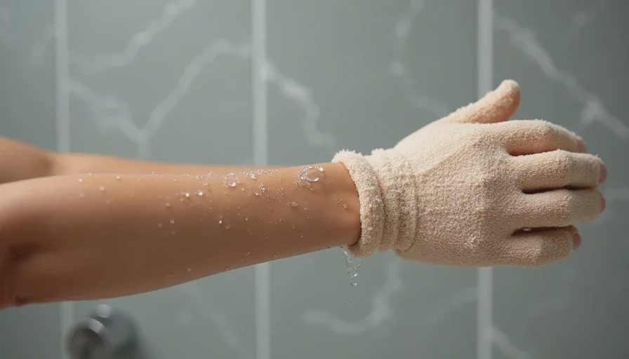 Gentle exfoliation with a kessa glove during the Sunday reset A close-up of a hand holding a kessa glove gently gliding along a woman's forearm, with visible water droplets and soft, lightly steamed skin.