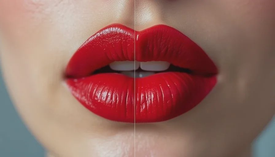 Split-screen close-up of two lips: the left side shows a blurred, lived-in Parisian red lip with soft edges, and the right side shows a precise, powdered Tokyo red lip with crisp definition.