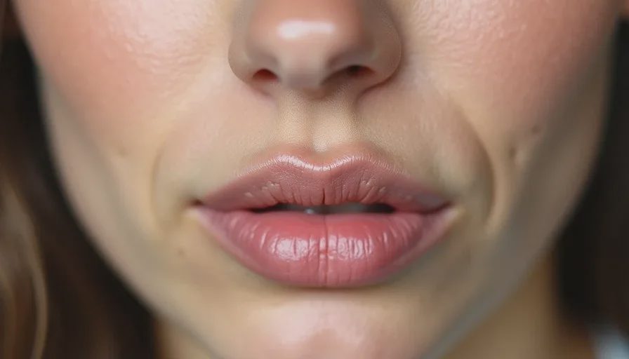 A woman's jawline with a patchy foundation after eight hours of wear, showing visible separation around the nose and chin in natural light.