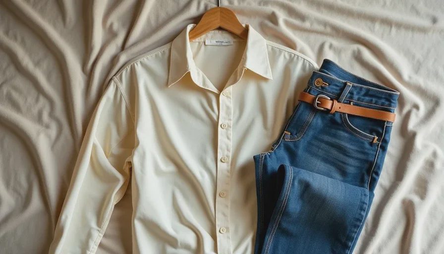A vintage cream silk blouse on a wooden hanger, paired with dark wash jeans and a thin leather belt laid out on a bed, with soft natural light from a window.