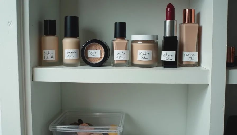 Wren's tested products shelf with notes and a separate untested box A shelf in Wren's studio with a small collection of tested products, each labeled with a date and a short note, while several untested products sit in a separate box below.