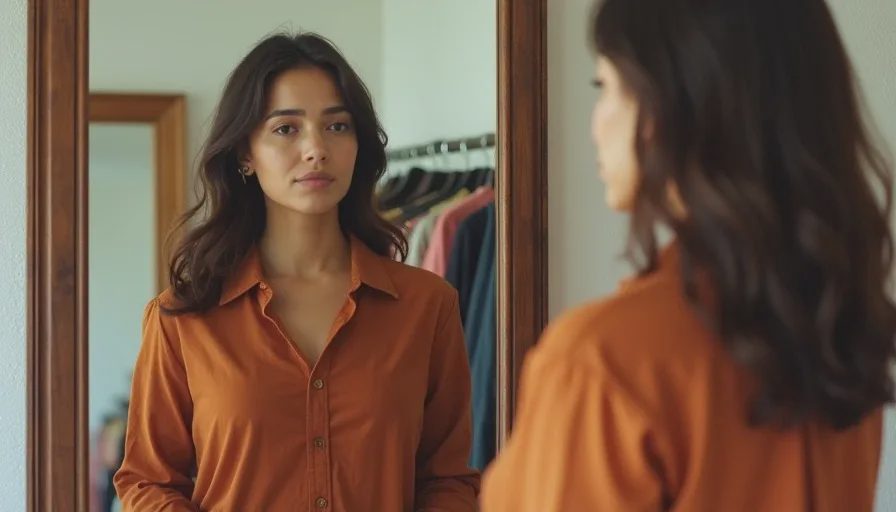 The color test: holding a blouse under the chin in front of a mirror A woman holds a rust-colored blouse under her chin in a thrift store mirror, comparing how the color affects her face, with a rack of vintage clothes behind her.