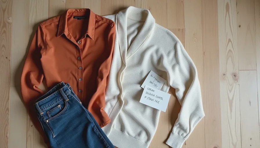 Thrifted outfit flat lay with color notes for the face A flat lay of a thrifted outfit on a wooden floor: a muted rust blouse, a neutral cardigan, and a pair of jeans, with a small note card listing the colors and why they work with the wearer's face.