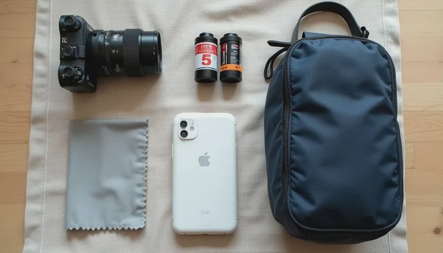 A flat lay of the small accessories in the kit: a lens cloth, two rolls of film, a battery pack, a fabric beanbag tripod, and a wrist strap on a neutral background.