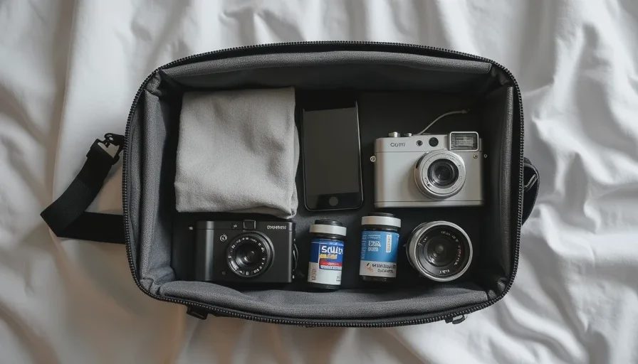 A small camera pouch sits open on a bed, showing a compact film camera, a compact digital camera, and a smartphone, along with a few rolls of film and a lens cloth.