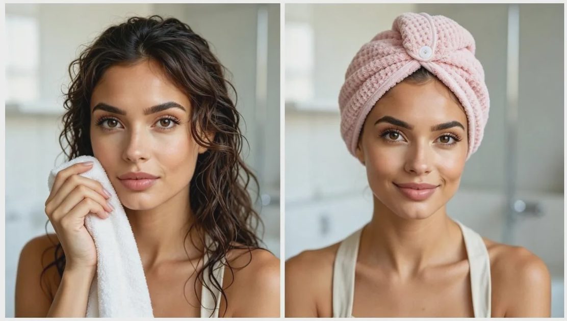 Microfiber Hair Towel Wrap Before & After — Less Frizz, Smoother Hair vs. Regular Cotton Towel Before and after: woman with wet hair in cotton towel vs. wearing pink microfiber hair towel wrap, less frizz.