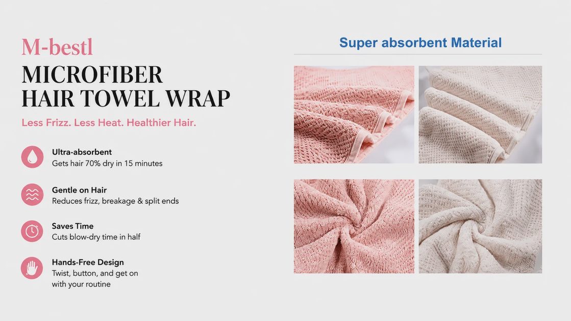 M-bestl microfiber hair towel wrap material showcase, close-up pink and beige waffle-weave super-absorbent fabric.