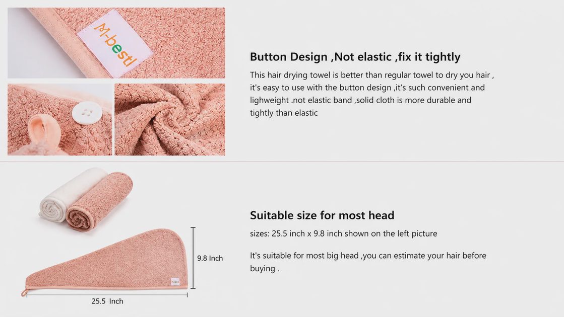 M-bestl Microfiber Hair Towel Wrap — Button Closure & Size Guide (25.5" x 9.8") M-bestl hair towel wrap button closure detail and size chart, 25.5 x 9.8 inch, pink and beige rolled towels shown.
