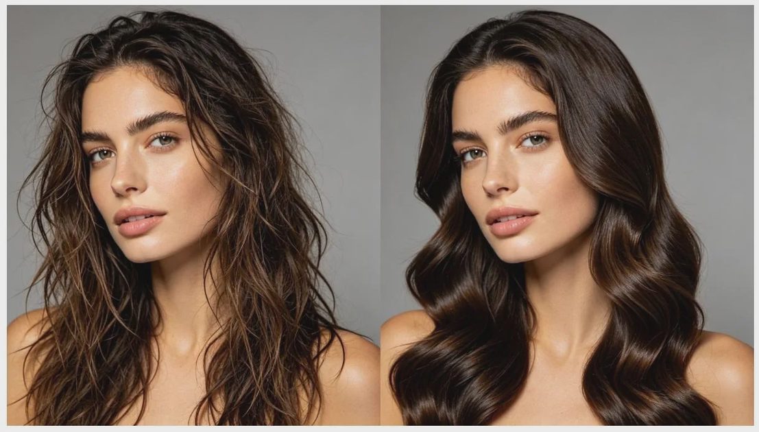 Microfiber Hair Towel Wrap Before & After — From Frizzy Hair to Smooth, Shiny Waves Before and after: woman with frizzy messy hair vs. smooth shiny sleek waves after using microfiber hair towel wrap.