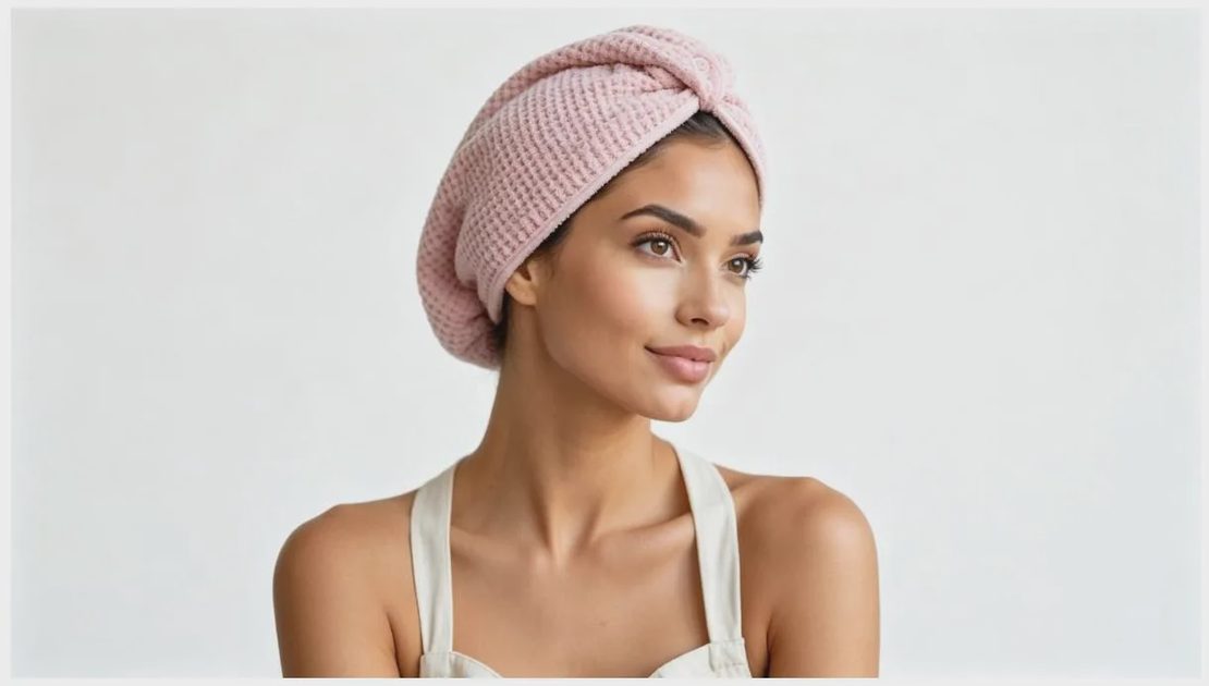 Pink Waffle-Weave Microfiber Hair Towel Wrap — Soft Hair Drying Turban for Women Woman wearing pink waffle-weave microfiber hair towel wrap on white background, smiling and looking aside.
