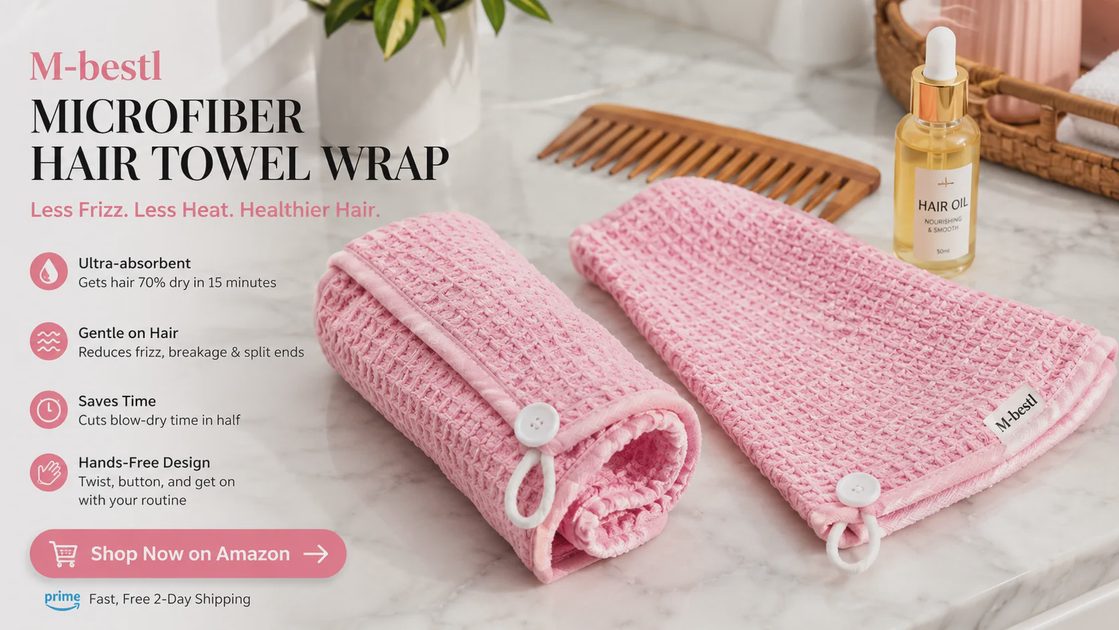 M-bestl Microfiber Hair Towel Wrap — Ultra Absorbent Pink Hair Drying Turban | Shop Now on Amazon Two pink M-bestl microfiber hair towel wraps on marble bathroom counter with comb and hair oil, Amazon CTA button.