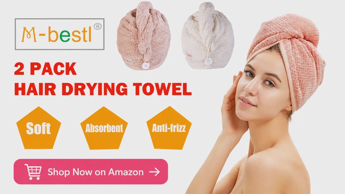 M-bestl 2 Pack Microfiber Hair Drying Towel Wraps — Soft, Absorbent & Anti-Frizz | Shop Now on Amazon M-bestl 2-pack microfiber hair towels in pink and beige with button closure, model wearing pink wrap, Amazon CTA.