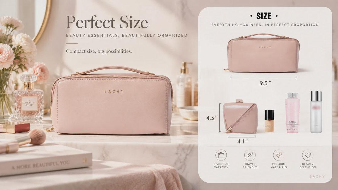 Eachy travel makeup bag size guide showing 9.3 inch length, 4.3 inch height and 4.1 inch width, styled with perfume, flowers and brushes on a marble table