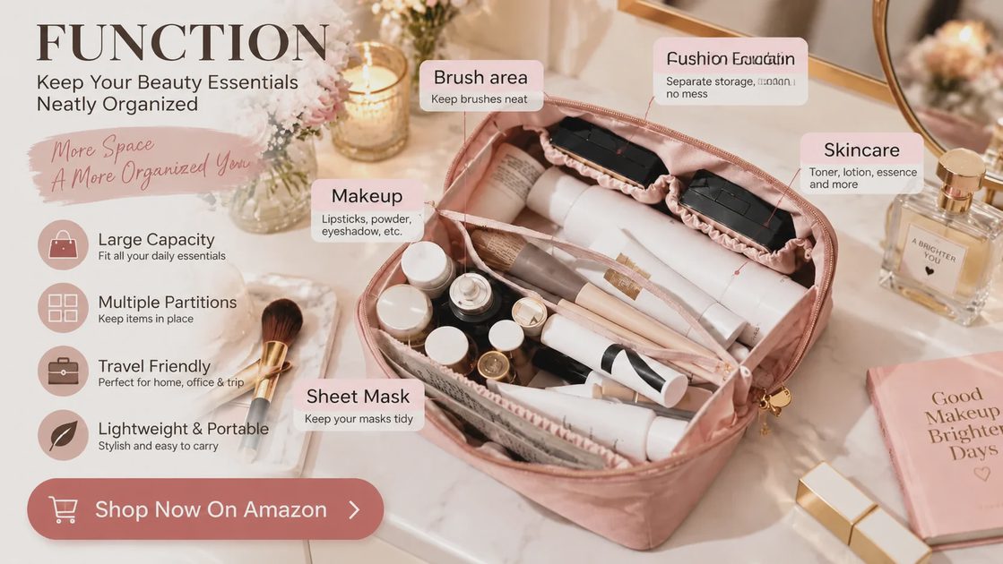 Function diagram of the Eachy makeup bag showing large capacity, multiple partitions, travel-friendly design and zones for makeup, brushes, sheet masks and skincare