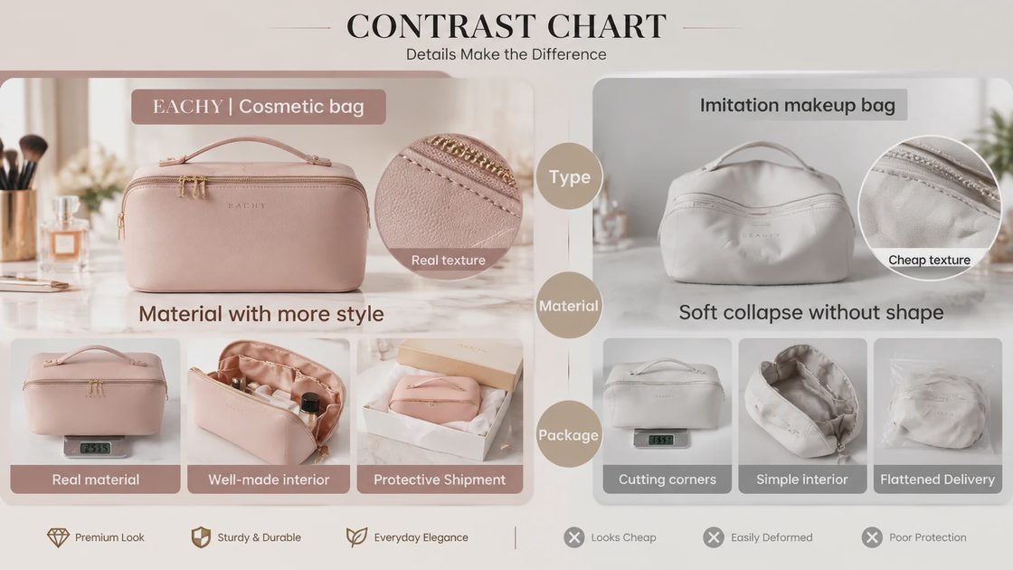 Contrast chart comparing the Eachy makeup bag with an imitation bag across texture, material, interior and shipping protection