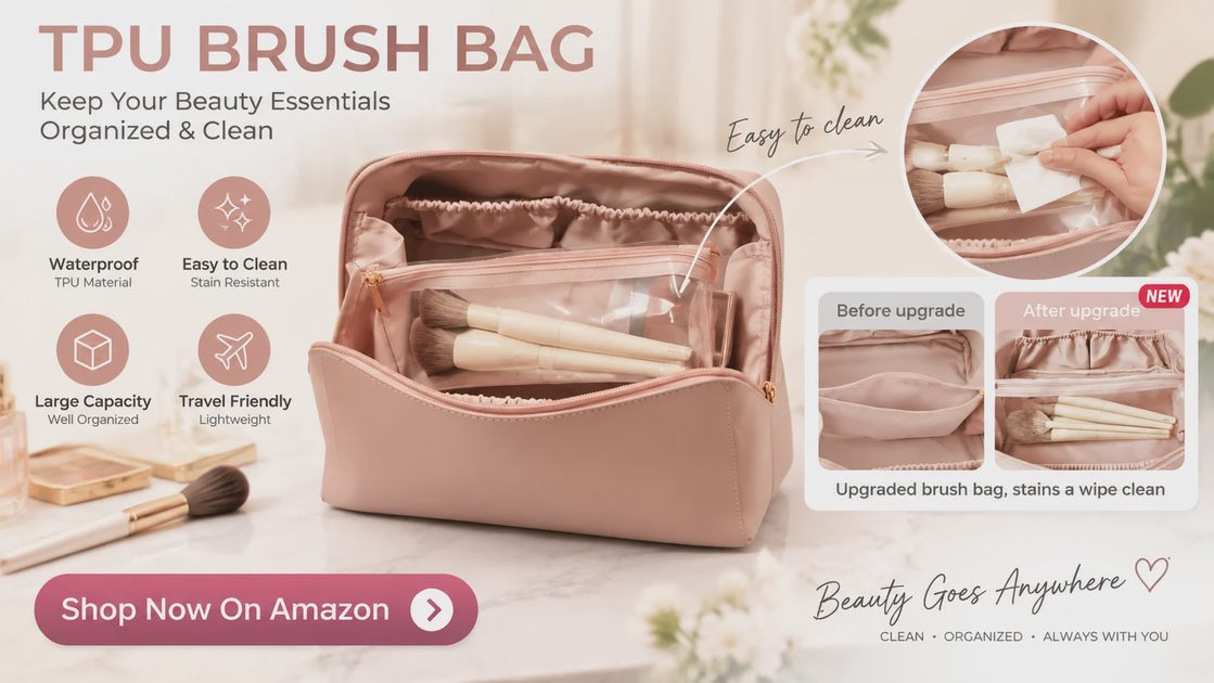 TPU brush bag section of the Eachy makeup bag highlighting waterproof material, easy cleaning and a before-and-after upgrade comparison