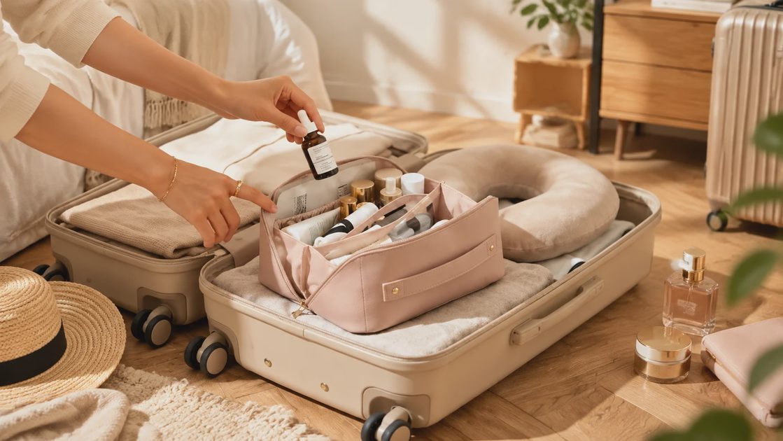 Person placing a serum bottle into a pink Eachy makeup bag inside a beige suitcase, with a neck pillow, hat, perfume and face cream nearby in a cozy home